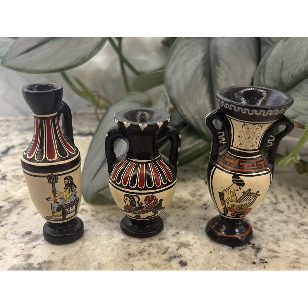 3 Mini Ancient‎ Greek Mythology Pottery Replica Vases Handmade Greece Signed
